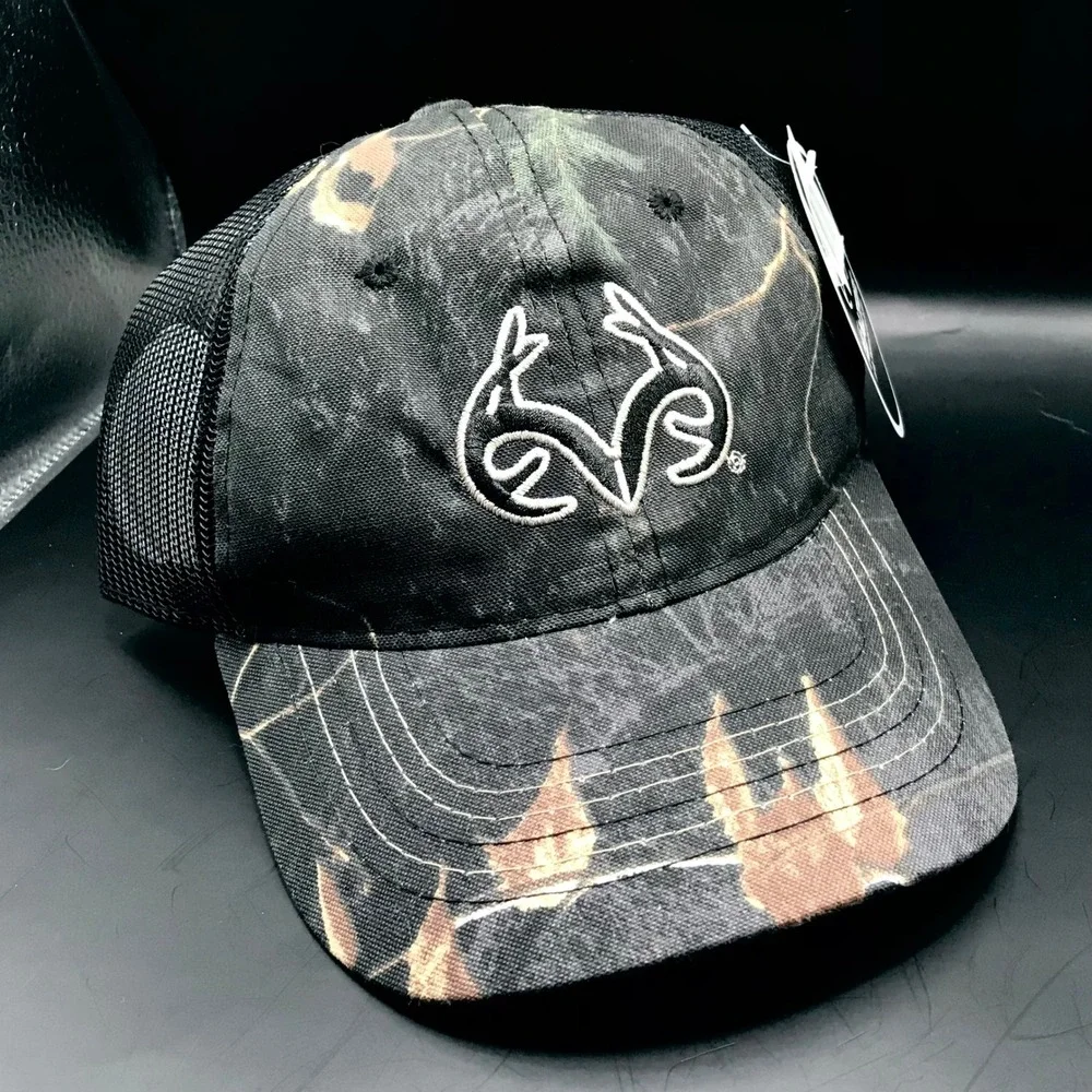 Realtree Antler Logo Camo Trucker Hat Mens Black Mesh Adjustable Hunting Cap NWT